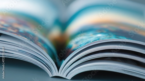 Opened glossy booklet with saddle stitched binding emphasis on vibrant printed pages and smooth binding staples in focus against softly blurred surroundings.