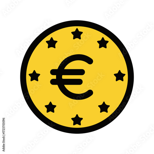 Flat design Euro coin icon with a circle of stars. Golden currency symbol representing finance, business, and the European economy, isolated illustration