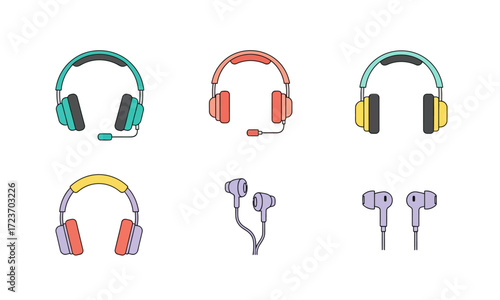 Headphone and Headset Color Icon Set – Audio Equipment Vector Collection