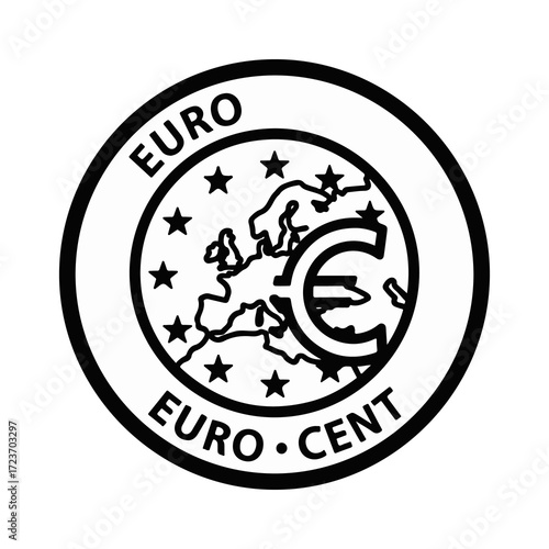 Black and white vector icon representing European Union currency, featuring a map of Europe, stars, and a monetary symbol within a circular seal