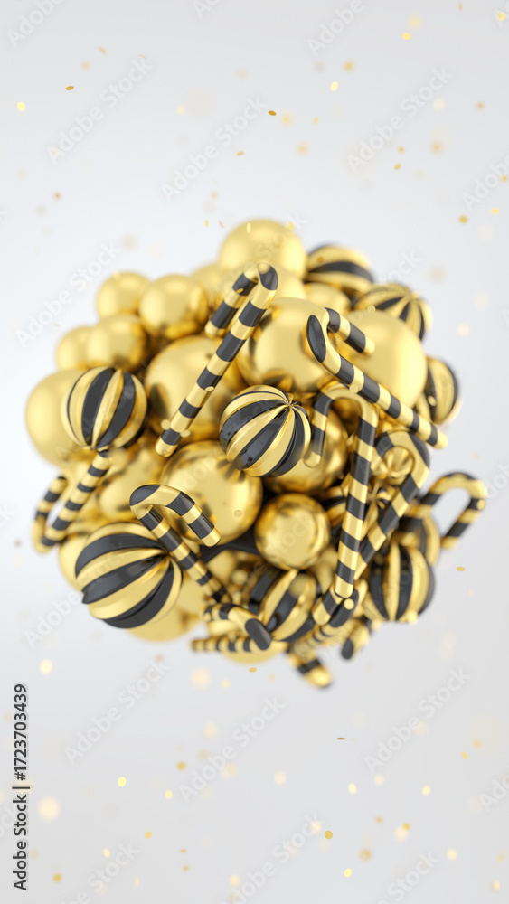 Naklejka premium Festive 3D render of a golden Christmas sphere made of striped ornaments and candy canes. Elegant holiday design for New Year, Xmas cards, posters, and seasonal ads. 3d rendering illustration not AI