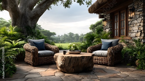 A realistic high-definition photo of a garden patio with lounge chairs and coffee table.