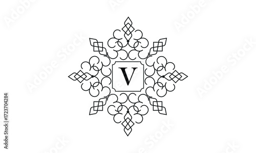 Elegant monogram design with letter V in the center. Vintage emblem or logo. Calligraphic design. Business sign identical to label, icon, cafe, hotel.