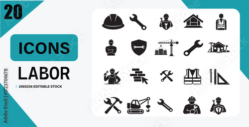A Collection of Labor Icons Representing Construction and Building Trades in Black and White Design for Graphic Use