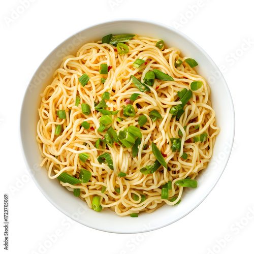 Delicious Bowl of Noodles with Fresh Garlic and Green Onions Isolated on White Background