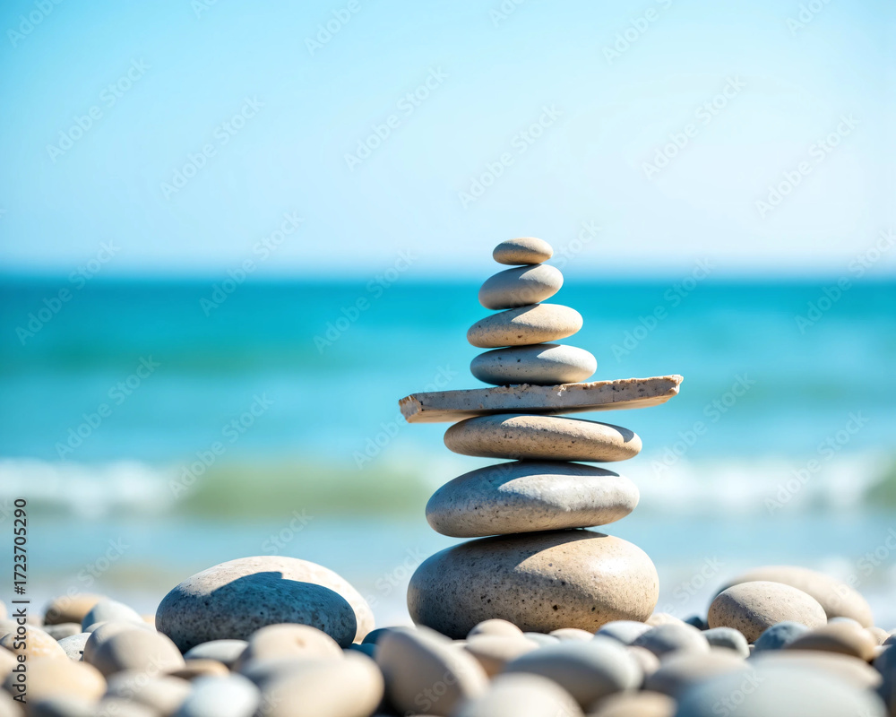 Fototapeta premium Balanced stack of colorful smooth stones on a sandy beach symbolizing harmony, mindfulness, and peace