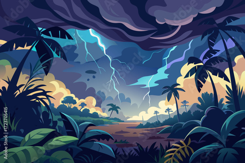 Powerful lightning strikes illuminate a tropical jungle scene, creating a dramatic and captivating nature illustration of a stormy landscape, ideal for adventure