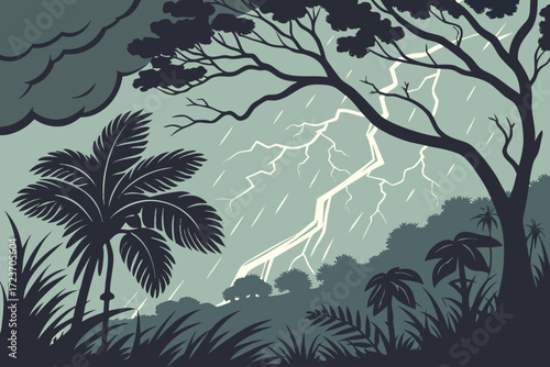 Dramatic lightning illuminates a wild jungle landscape with tropical trees during a thunderstorm, perfect for nature, weather, or adventure themes