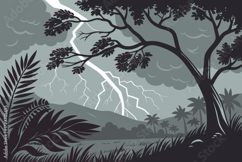 Dramatic storm scene with bright lightning strikes illuminating a tropical landscape, perfect for weather reports, environmental graphics, and nature documentaries