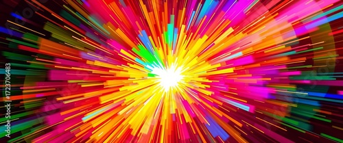 A vibrant, multicolored explosion radiating outwards from a central point, with jagged edges and bright light,  jagged,  boom
