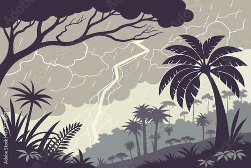 Dramatic tropical storm with lightning strikes and heavy rain in a stylized jungle landscape, perfect for adventurous travel or environmental themes