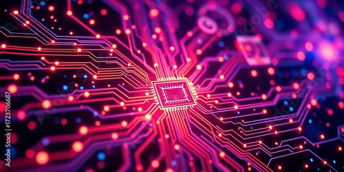 Abstract glowing circuit board with digital nodes and lines, technology,  neon