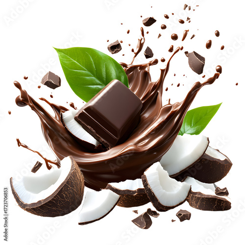 Delicious Chocolate Splash with Coconut Flakes and Green Leaves