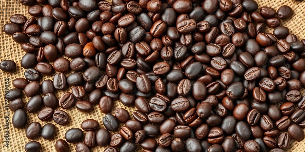 Obraz premium Dark roasted organic coffee beans scattered on burlap sack, natural, organic farming