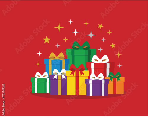 right, modern holiday art with gifts and stars, simple and joyful composition, digital vector style