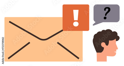 Large envelope with a red alert icon and exclamation mark, a face with a question bubble, focusing on communication, urgency, inquiries, task prioritization, and problem-solving. Ideal for messaging