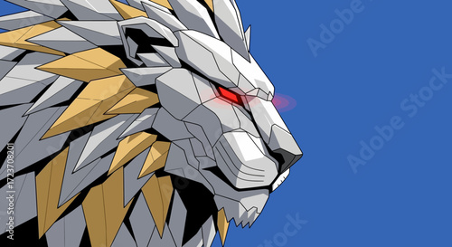 A profile illustration of a powerful, futuristic mecha lion with white and gold armor and glowing red eyes.