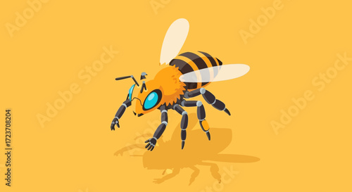 A stylized, cartoonish illustration of a bee with bright blue eyes and translucent wings, set against a solid yellow background.