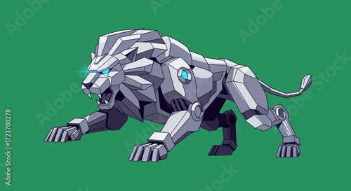 A powerful robotic lion with glowing blue eyes in a dynamic pouncing pose, depicted in a sleek anime art style against a solid green background.