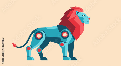 A stylized robotic lion with a red mane and blue metallic body stands against a plain background.