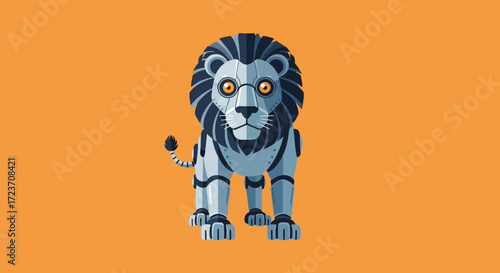 Illustration of a robotic lion with a blue mane and orange eyes on an orange background.