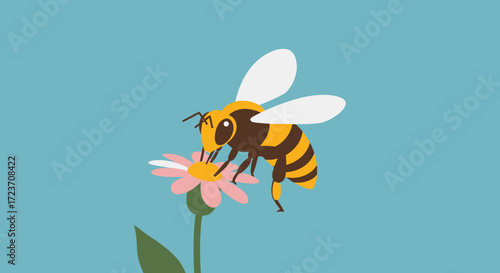 A bee pollinates a pink flower on a light teal background.