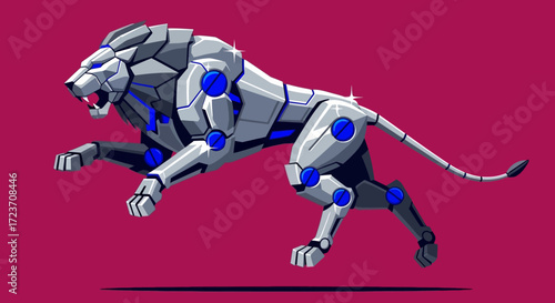 A powerful robotic lion with metallic armor and glowing blue joints leaps forward against a solid magenta background.