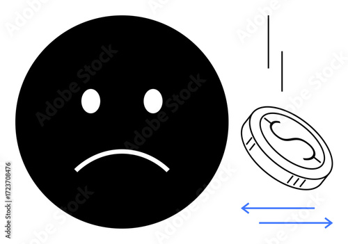 Sad face beside a falling, spinning coin with directional arrows symbolizing decisions, chance, or financial stress. Ideal for money, risk, decision-making, economy, emotions loss simple flat