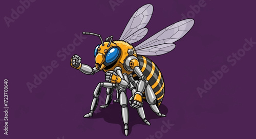 A detailed illustration of a robotic bee or wasp with yellow and black stripes, metallic body parts, and blue eyes, standing on a purple background.