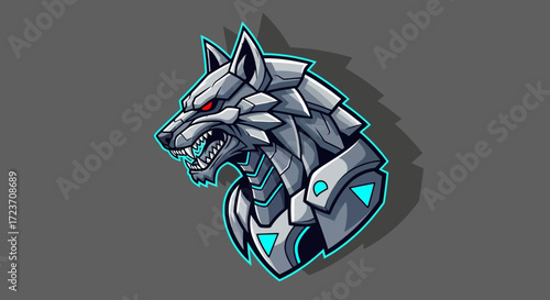 Cybernetic Wolf Head Logo, metallic gray, glowing cyan accents.