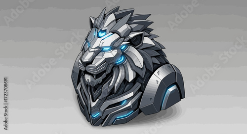 A futuristic illustration of a robotic lion head, crafted from silver metal armor with glowing blue lights.