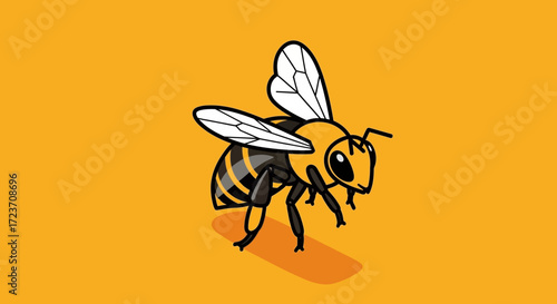 A stylized illustration of a bee with black and yellow stripes against a solid orange background.