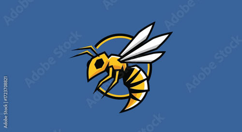 A stylized yellow wasp with black stripes and white wings is depicted in flight against a solid blue background.