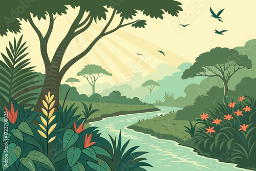 Discover serene jungle scenery with flowing river, lush tropical plants, and soaring birds, perfect for nature lovers and travel inspiration, a peaceful retreat