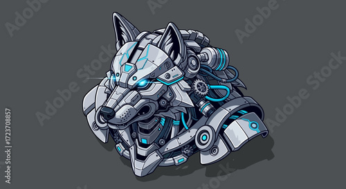 Detailed illustration of a futuristic cybernetic wolf head with metallic plating and glowing blue accents.