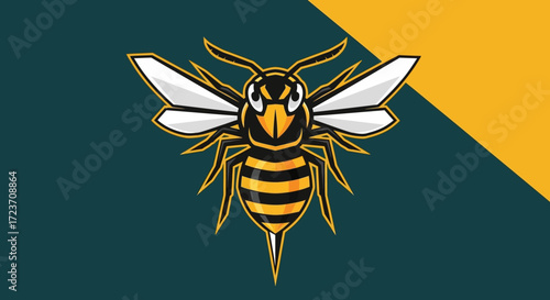 Illustration of a cartoon bee with yellow and black stripes on a two-tone background.