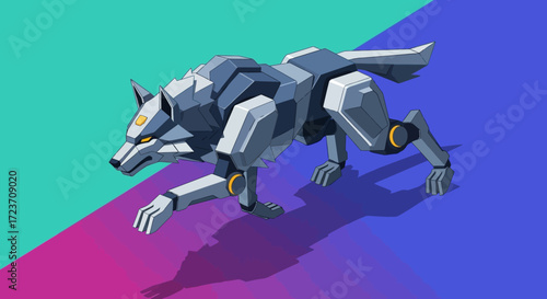A futuristic robotic wolf with metallic gray plating and yellow accents, posed on a vibrant gradient background.