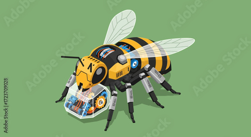 Detailed illustration of a robotic bee carrying a transparent container filled with gears and circuits, set against a green background.
