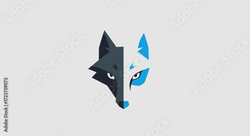 A minimalist graphic illustration of a wolf's face, split down the middle with one half dark gray and the other half bright blue and white.