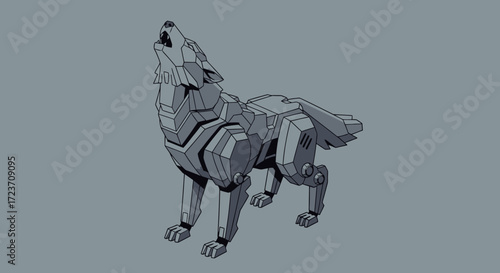 A detailed 3D render of a robotic wolf howling, featuring angular mechanical design in monochrome grey against a plain background.