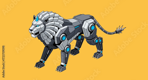 Isometric illustration of a mechanical lion with metallic body and glowing blue accents.
