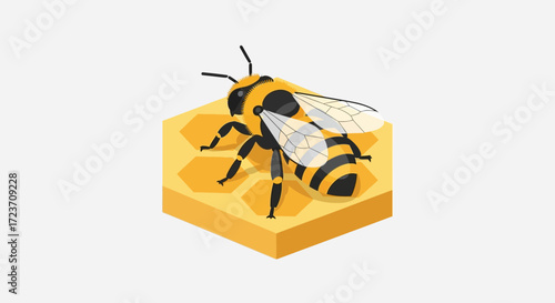 A stylized illustration of a bee resting on a honeycomb structure, rendered in a flat, isometric design style.