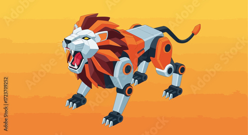 A fierce robotic lion with an orange and white body, roaring with an open mouth, set against an orange gradient background.