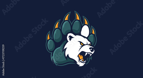 A stylized illustration featuring a white bear head emerging from a teal bear paw.
