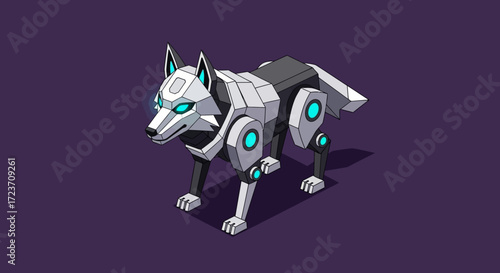 Isometric robotic wolf with glowing blue eyes and joints, standing on a purple surface.