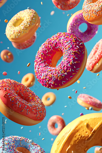 Colorful donuts floating against a bright blue background, creating a whimsical dessert scene