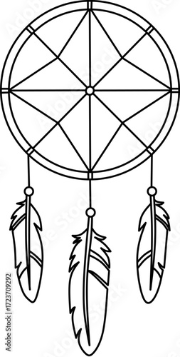 Dreamcatcher outline. Minimalist black and white design with hanging feathers - vector