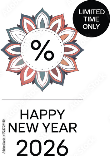 Limited time offer with decorative percentage symbol and happy new year greeting