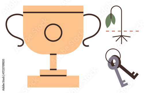 Trophy with delicate handles, a wilted plant, and two crossing keys. Ideal for success, opportunity, failure, achievement, growth perseverance decision-making. Represents simple flat metaphor