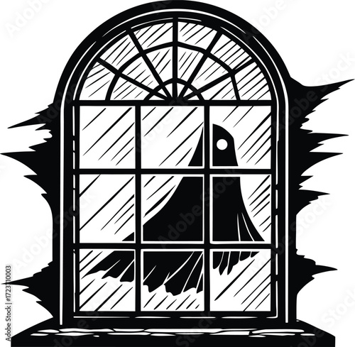 halloween broken window with ghost peeking